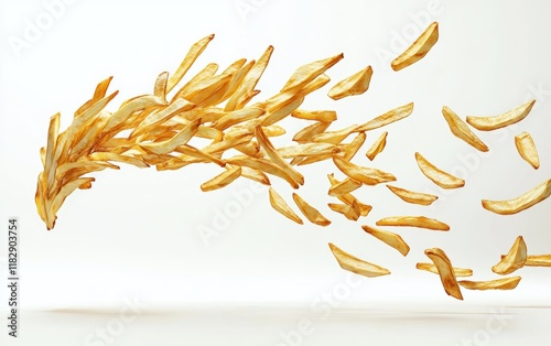 Flying French fries tumbling through the air with their golden texture highlighted on white