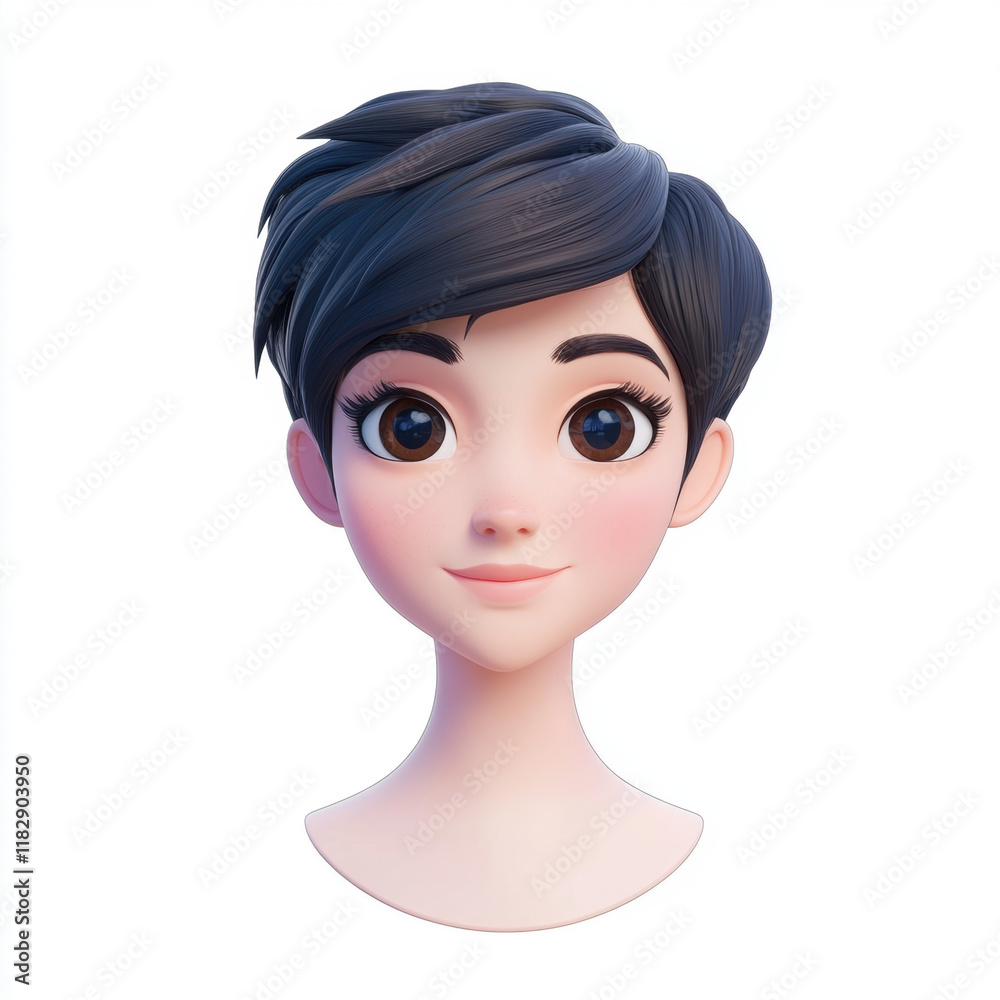 3D animated character with short black hair and large expressive eyes, showcasing friendly smile. character has youthful appearance and clean, simple design 3D animated character with short black hair and large expressive eyes, showcasing friendly smile. character has youthful appearance and clean, simple design