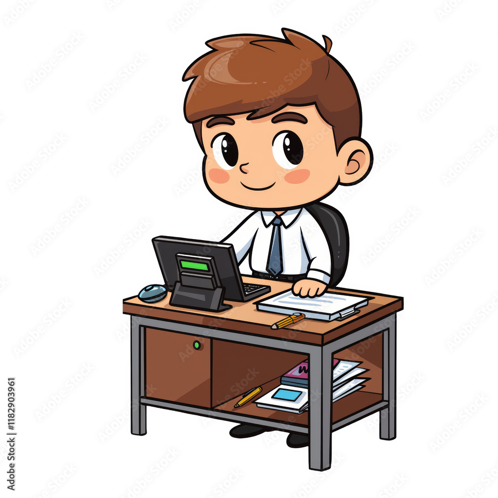 A cartoon illustration of a young office worker sitting at a desk with a computer and paperwork. A cartoon illustration of a young office worker sitting at a desk with a computer and paperwork.
