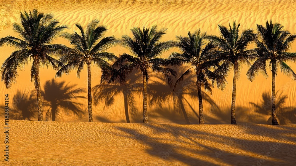 Obraz premium Palm trees cast long shadows on a golden sand dune.
