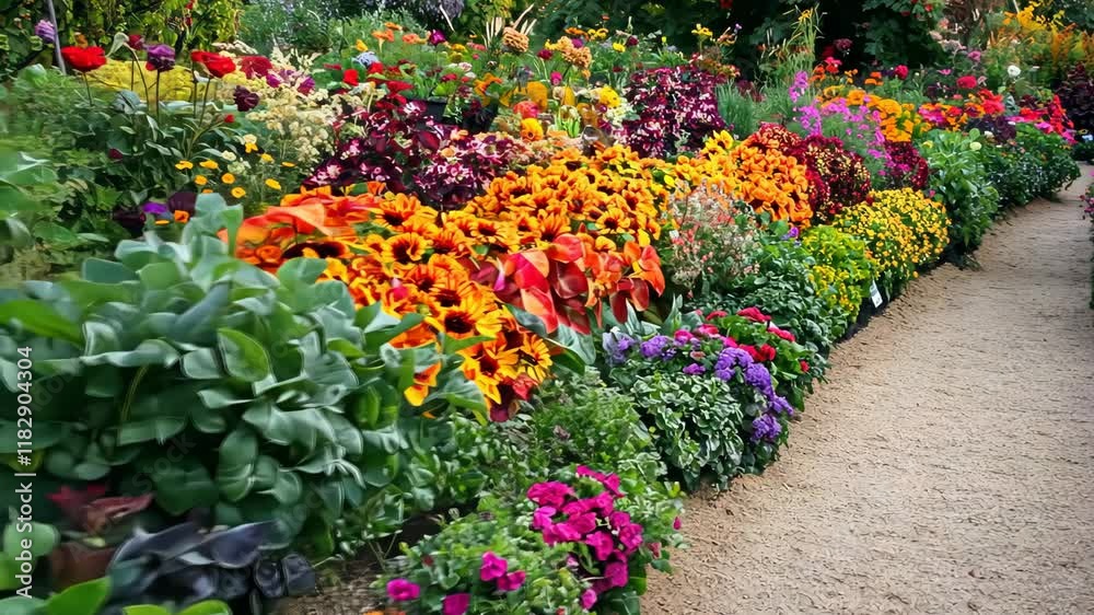 Vibrant flower garden showcasing a variety of blooms in full summer splendor with colorful petals and lush greenery