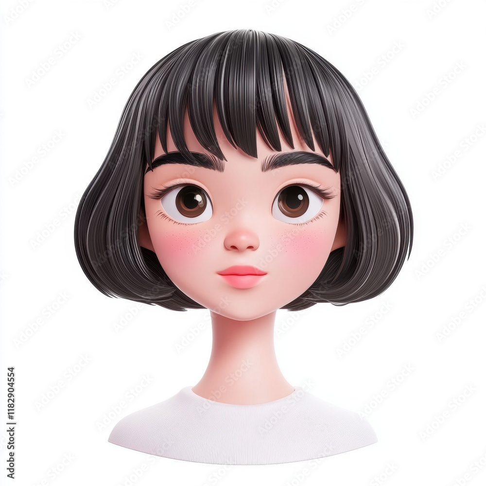 stylized cartoon character with short black hair and large expressive eyes, featuring soft expression and simple white top. This character embodies youthful and playful vibe stylized cartoon character with short black hair and large expressive eyes, featuring soft expression and simple white top. This character embodies youthful and playful vibe