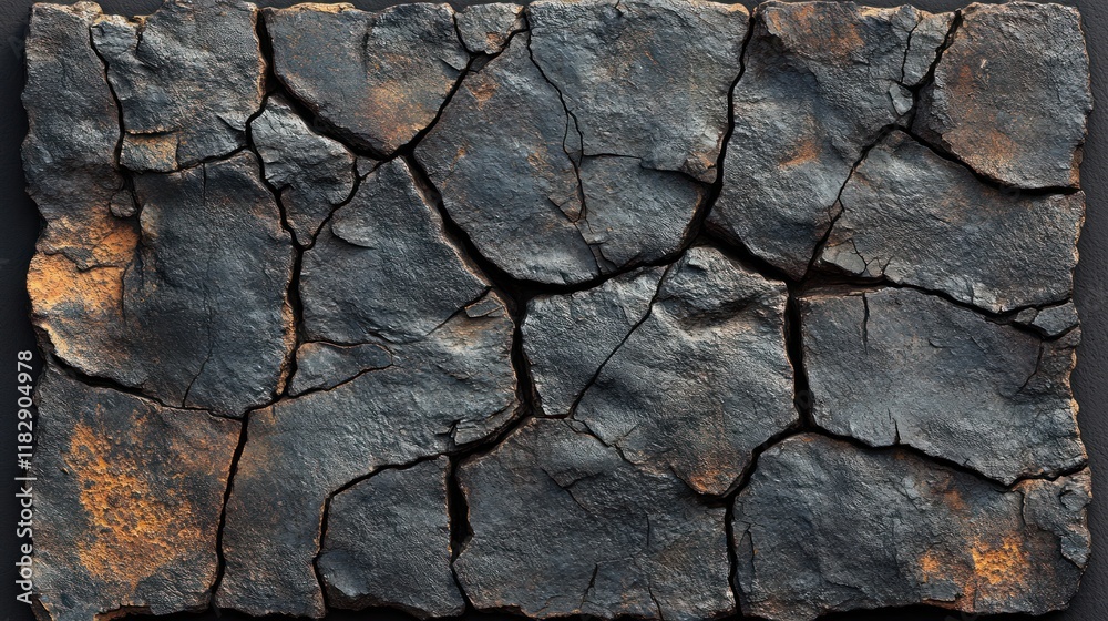 Fototapeta premium Textured surface of cracked, dark stone with rust-like accents.
