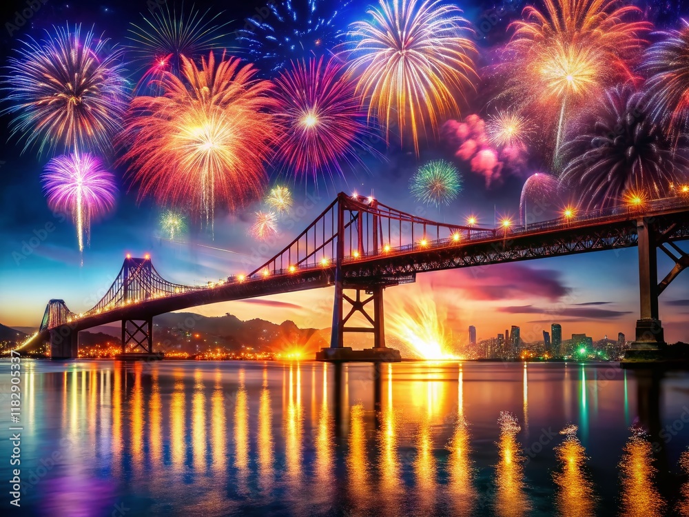 Naklejka premium Fireworks Display Over Bridge at Night - Double Exposure Photography