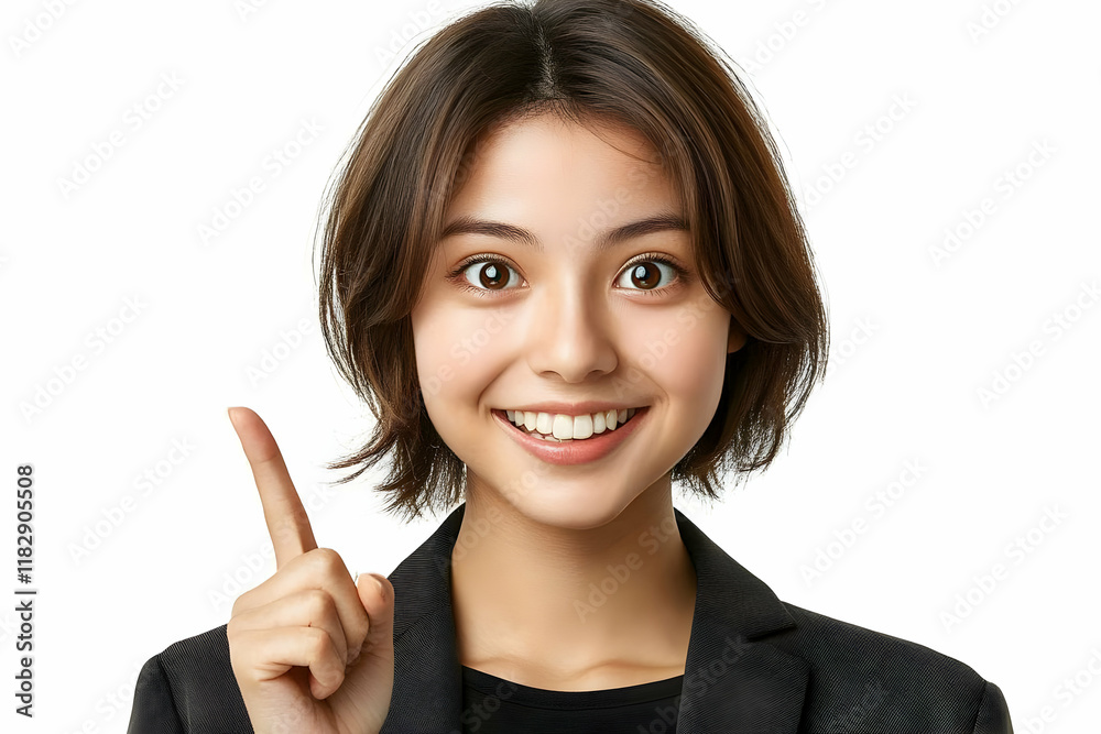 Smiling Young Woman Points Upward with Index Finger, Suggesting an Idea or Emphasizing a Point. Smiling Young Woman Points Upward with Index Finger, Suggesting an Idea or Emphasizing a Point.