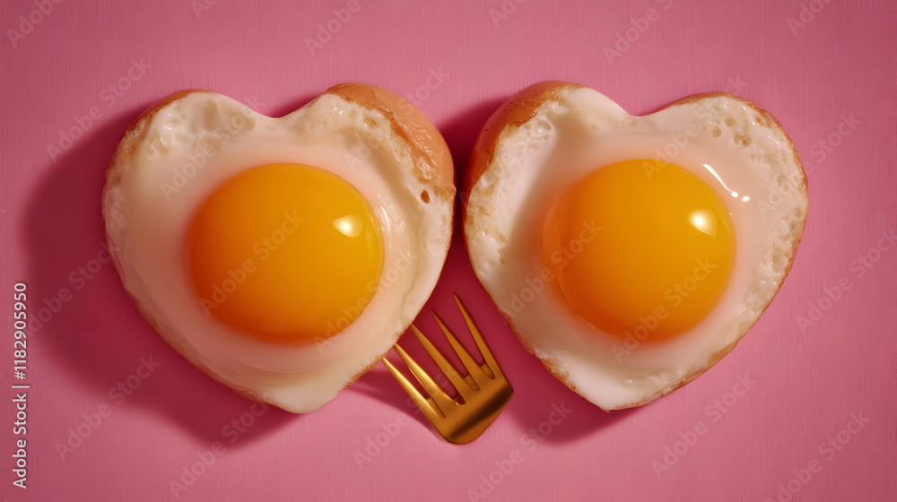 Two Heart-Shaped Fried Eggs on a Pink Background with a Gold Fork Perfectly Placed for a Romantic Breakfast Two Heart-Shaped Fried Eggs on a Pink Background with a Gold Fork Perfectly Placed for a Romantic Breakfast