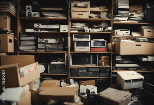 stored equipment packed household hoarder electronics vintage files business boxes house room storage clutter junk mess messy junkie crap full hoarding residential interior