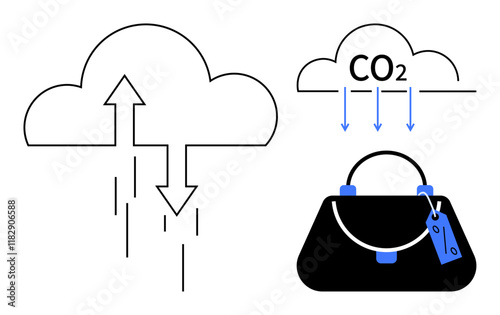 Diagram showing cloud computing with data flow, CO2 emissions impacting a handbag. Ideal for environmental impact, technology, cloud services, sustainability, digital transformation, carbon