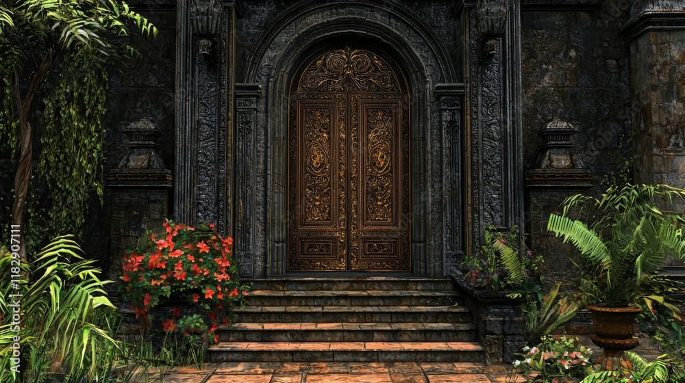 Fototapeta premium Majestic ornate double doors surrounded by lush greenery and vibrant flowers in an ancient stone facade