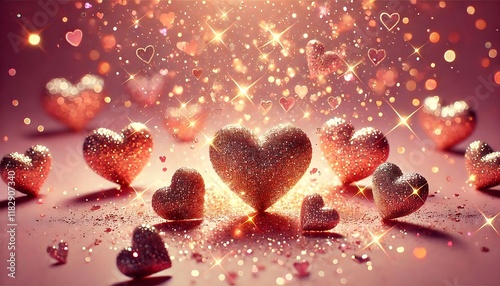 Shimmering rose gold glitter hearts glowing on a gradient pink background, exuding romance and leaving space for text. Generative AI
