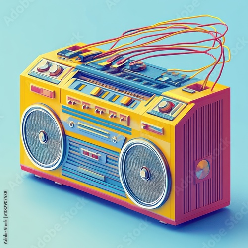 Vibrant Retro Boombox Illustration with Geometric Shapes and Sound Waves photo