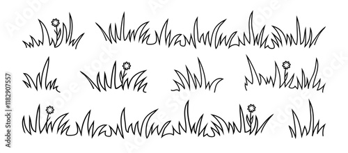 Grass line icon, meadow doodle outline design, bush tuft, small lawn, black sketch plant with flowers isolated on white background. Thicket hand drawn border. Floral scribble vector illustration