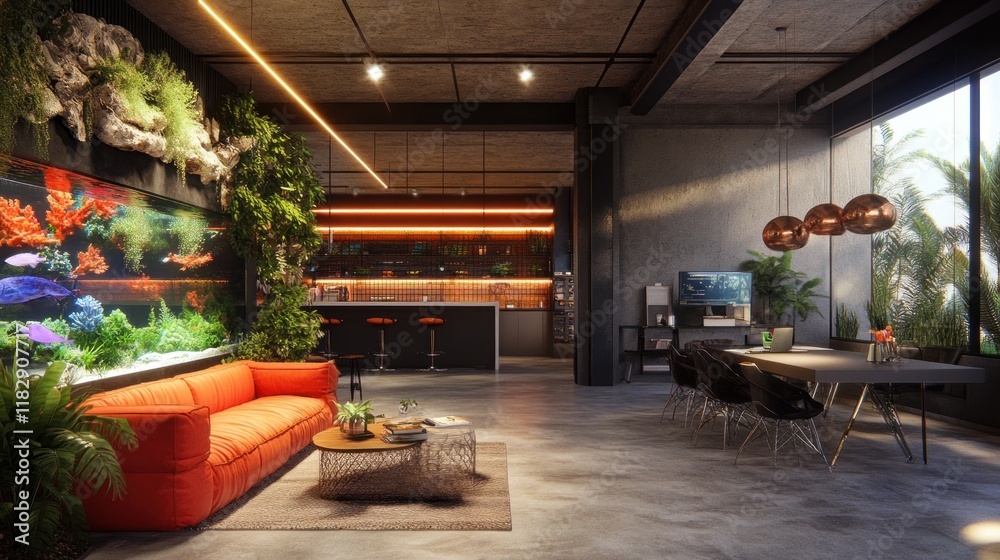 Naklejka premium Modern apartment interior with large aquarium, plants, and lounge area.