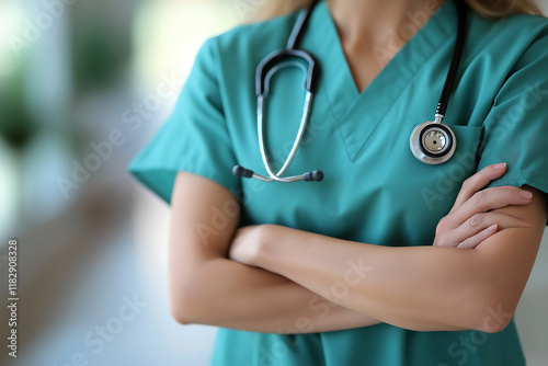 Close-up of a medical doctor wearing green scrubs with a stethoscope hanging around their neck, arms crossed in front.