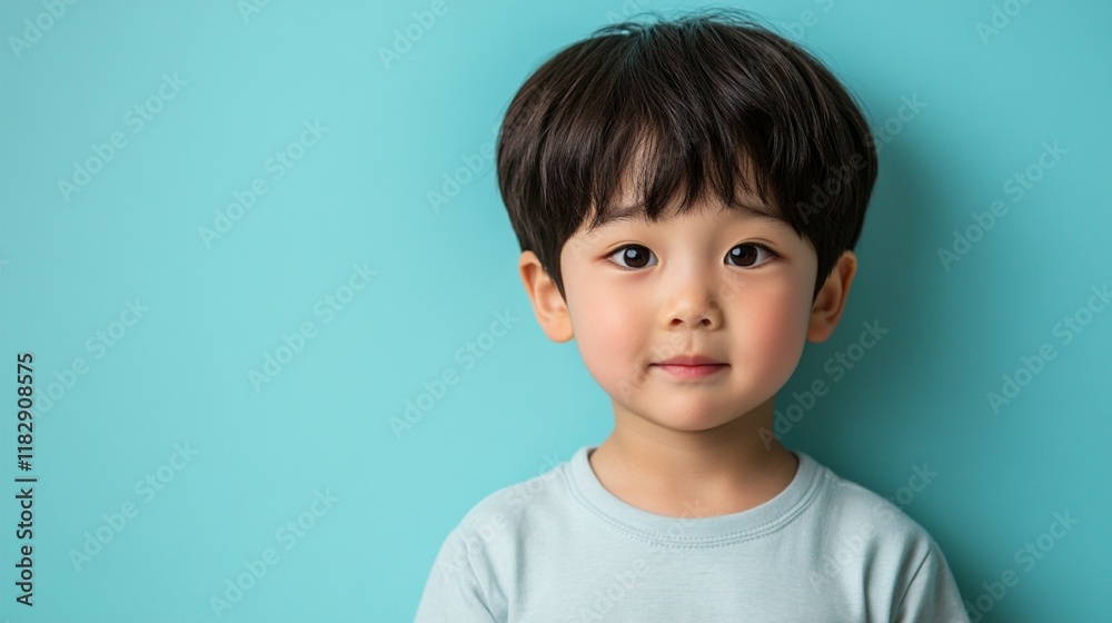 Portrait of an adorable Asian child with bright eyes and bowl haircut wearing white t-shirt against turquoise blue background, capturing pure innocence and genuine expression. Portrait of an adorable Asian child with bright eyes and bowl haircut wearing white t-shirt against turquoise blue background, capturing pure innocence and genuine expression.