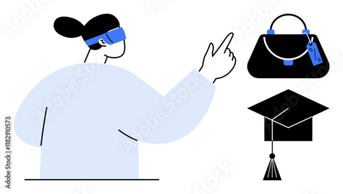 Woman wearing VR headset pointed towards handbag and graduation cap, indicating a virtual shopping and education environment. Ideal for technology, e-commerce, online education, future of learning