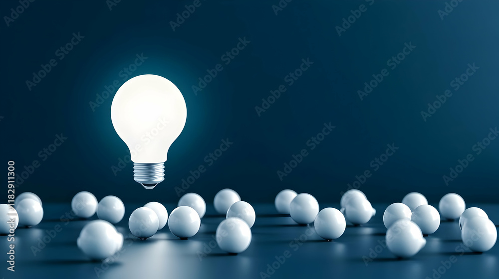 Glowing Light Bulb Shines Brightly Above Dim Bulbs on a Dark Blue Background: Innovation and Leadership Glowing Light Bulb Shines Brightly Above Dim Bulbs on a Dark Blue Background: Innovation and Leadership