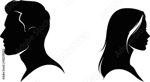 vector set, Vector illustration of silhouette man and woman portrait in profile. Male and female head on a white background side view.

