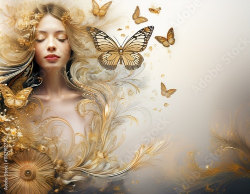 Most similar types of portrait images with artificial intelligence. Common golden yellow color. Butterfly image in almost all of them. Woman portrait. photo