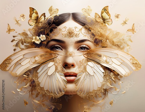 Most similar types of portrait images with artificial intelligence. Common golden yellow color. Butterfly image in almost all of them. Woman portrait. photo