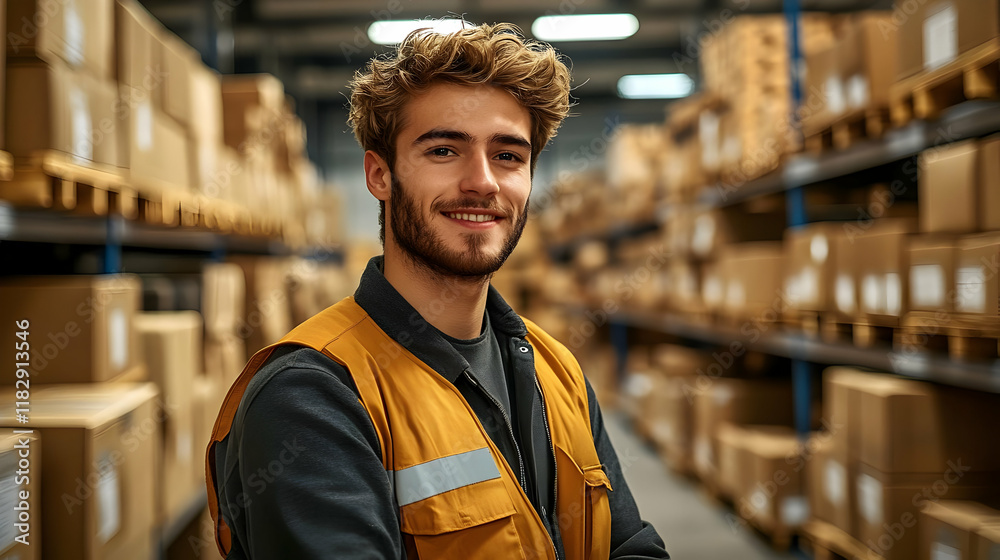 Warehouse Worker Smiles Confidently Amidst Stacks of Cardboard Boxes Ready for Shipment Warehouse Worker Smiles Confidently Amidst Stacks of Cardboard Boxes Ready for Shipment
