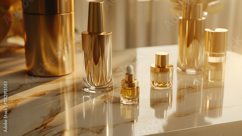 Golden Hour Skincare Bottles with Elegant Packaging photo