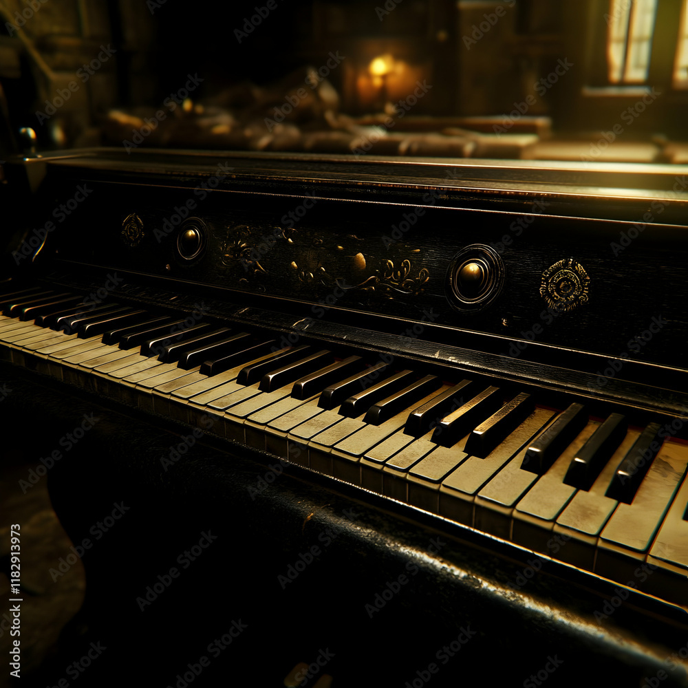 Antique Piano Keys Reside in a Dimly Lit Room Displaying Elegant Details Intricately. Antique Piano Keys Reside in a Dimly Lit Room Displaying Elegant Details Intricately.