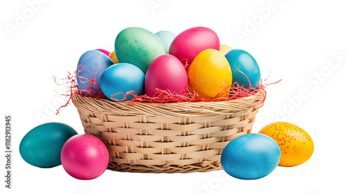 Colorful Easter Eggs in a Woven Basket - Festive Spring Holiday Decoration transparency background