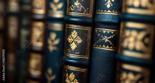 Vintage Books Close-Up with Gold Leaf Spines Evoking Nostalgia and History photo