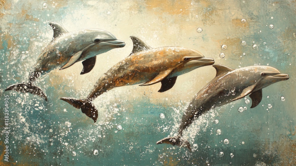Fototapeta premium Three dolphins leap playfully from ocean waves, creating splashes.
