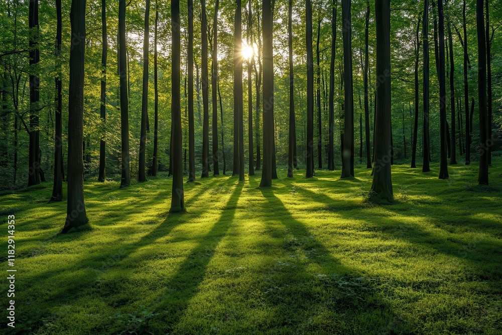 Obraz premium Panoramic View of Tall Trees in a Vibrant Green Forest During Sunset. Generative AI