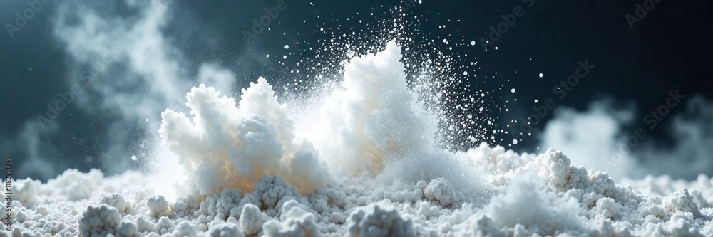 Dense white powder erupts in air, creates eerie mist, surreal scene, powder eruption, opaque veil Dense white powder erupts in air, creates eerie mist, surreal scene, powder eruption, opaque veil