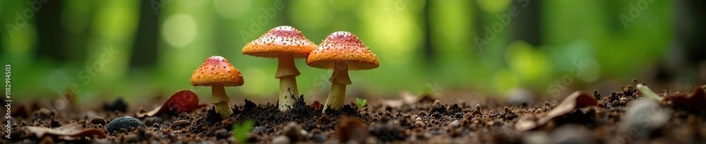Dry forest floor scene with three Gymnopilus mushrooms, ecology, nature, fungal growth Dry forest floor scene with three Gymnopilus mushrooms, ecology, nature, fungal growth