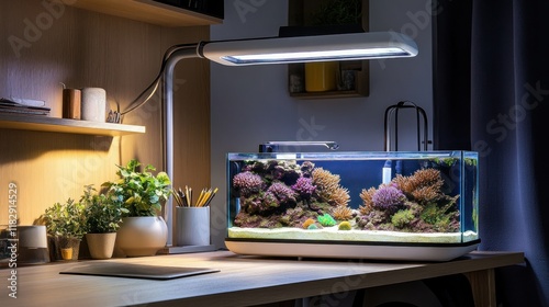 Wallpaper Mural Modern home office desk with a small, illuminated reef aquarium featuring vibrant coral and fish. Torontodigital.ca