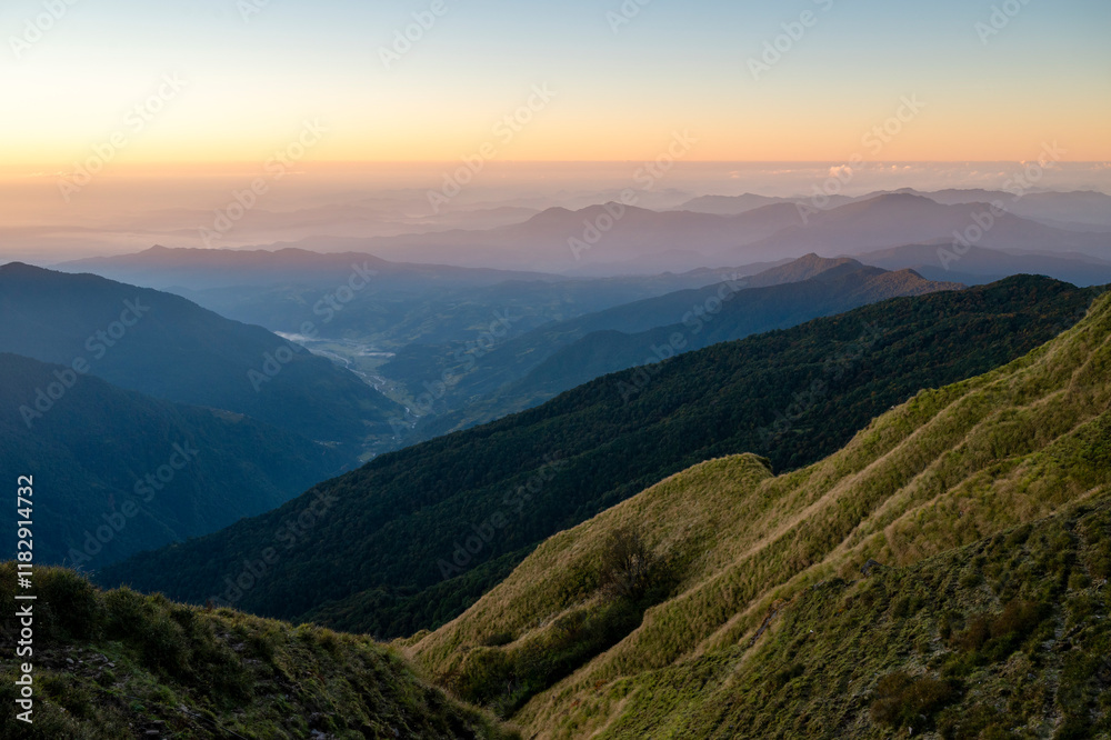 Naklejka premium Nepal, View of the valley from top of Mardi Himal in the Annapurna Range.