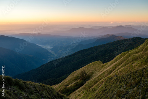 Nepal, View of the valley from top of Mardi Himal in the Annapurna Range. photo