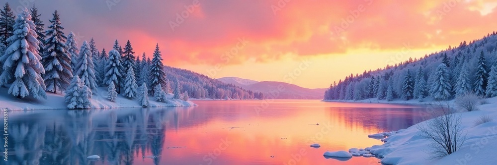 Fototapeta premium Frozen lake with snow covered trees and orange sky, serene landscape, orange sky