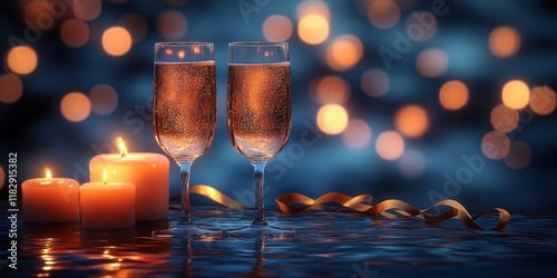 Romantic Celebration with Champagne Glasses Candlelight and Gold Ribbon in Winter Snow