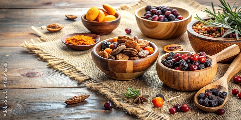 Aromatic Dried Fruits and Nuts Arrangement in Wooden Bowls on Rustic Surface Aromatic Dried Fruits and Nuts Arrangement in Wooden Bowls on Rustic Surface