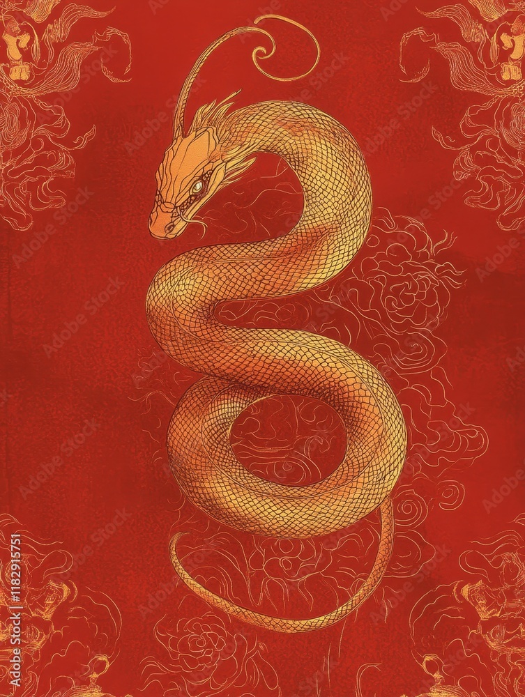 Golden Dragon Illustration on Vibrant Red Background Golden Dragon Illustration on Vibrant Red Background