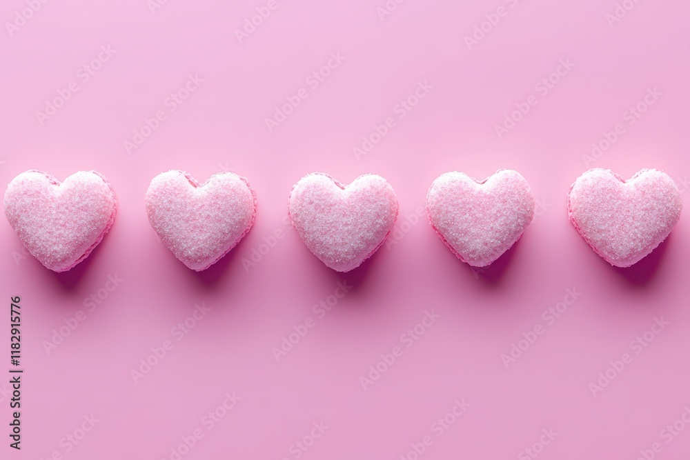 Fototapeta premium Four delightful pink heart-shaped sugar cookies line up on a soft pink background, perfect for sharing love this Valentine's Day.