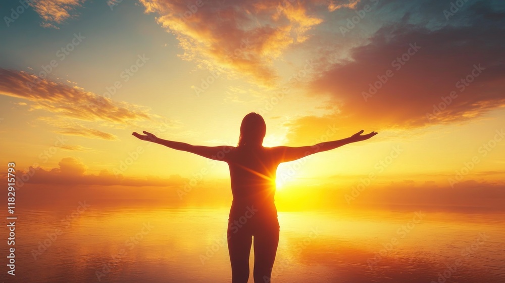Silhouette of a Young Man with Outstretched Arms Against a Vibrant Sunset Silhouette of a Young Man with Outstretched Arms Against a Vibrant Sunset