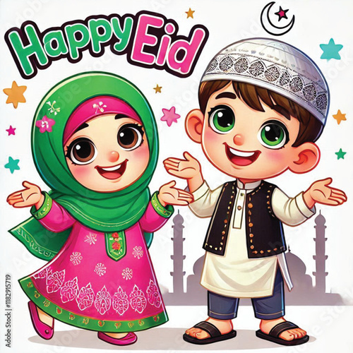 Muslim cartoon little girl and boy saying happy eid