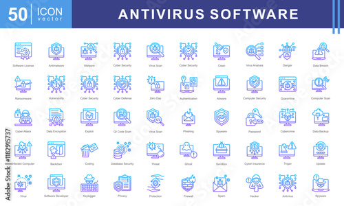 Antivirus Software icon set of Virus Scanning, Antivirus Software, Real-Time Protection, Virus Remover and Malware Detection.