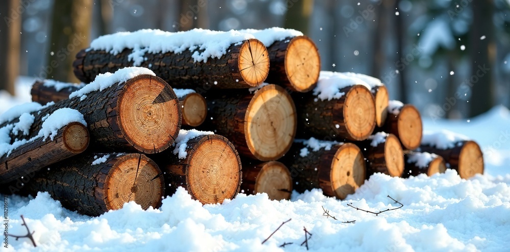 Large pile of wet wood logs with snow and twigs scattered around in winter, snow, rustic Large pile of wet wood logs with snow and twigs scattered around in winter, snow, rustic
