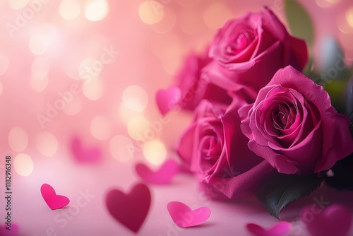 A dreamy pink background adorned with delicate roses and shimmering hearts, creating a romantic atmosphere perfect for Valentine's Day celebrations.