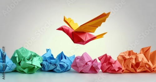 New Idea and Creative Thinking in Innovation Inspirational Metaphor of Origami Bird Transforming from Crumpled Papers