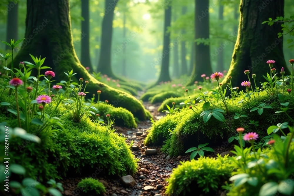 Mossy forest floor with ferns and wildflowers, calm, forest, serene Mossy forest floor with ferns and wildflowers, calm, forest, serene