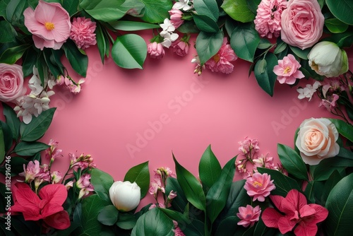 A charming square frame brimming with vibrant flowers and lush leaves, all set against a soft pink backdrop, creating a romantic Valentine's Day vibe.