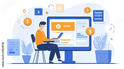 A business professional making a secure online payment via smartphone, digital security icons and currency symbols surrounding the screen 